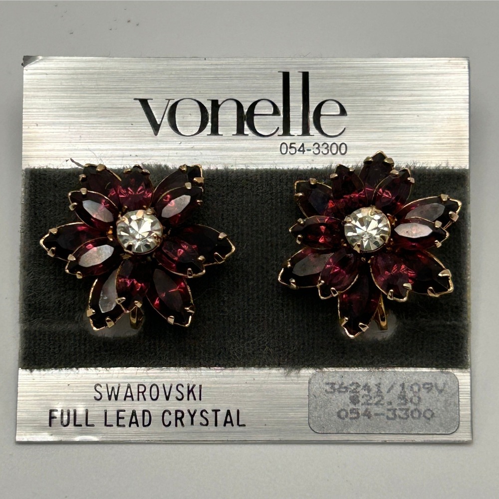 Vonelle Vintage Swarovski Full Lead Crystal Burgundy Flower Clip On Earrings